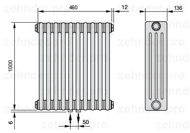 Схема (чертеж) Радиатор Zehnder Charleston 4100/10 №3470 Белый глянцевый RAL 9016